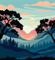 retro puesta de sol en un bosque con arboles lineal ilustración de colores vector