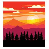 Retro sunset mountain forest color landscape with silhouettes illustration vector