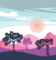 Pink Retro sunset but with hills in the background. linear illustration colored vector