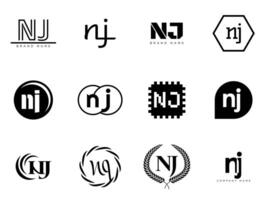 NJ logo company template. Letter n and j logotype. Set different classic serif lettering and modern bold text with design elements. Initial font typography. vector