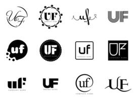 UF logo company template. Letter u and f logotype. Set different classic serif lettering and modern bold text with design elements. Initial font typography. vector