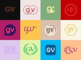 GV logo company template. Letter g and v logotype. Set different classic serif lettering and modern bold text with design elements. Initial font typography. vector