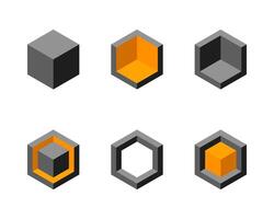 Cube logo, geometric design. Box logotype company, trendy tech emblem in pixel style. vector