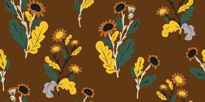 a brown and yellow floral pattern with sunflowers vector