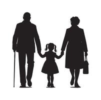 Silhouette of grandparents walking with granddaughter Illustration icon vector