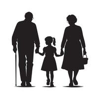 Silhouette of grandparents walking with granddaughter Illustration icon vector