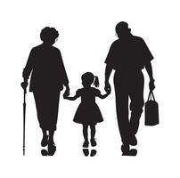 Silhouette of grandparents walking with granddaughter Illustration icon vector