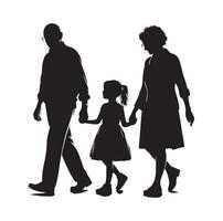 Silhouette of grandparents walking with granddaughter Illustration icon vector