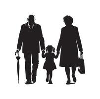 Silhouette of grandparents walking with granddaughter Illustration icon vector