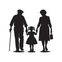 Silhouette of grandparents walking with granddaughter Illustration icon vector