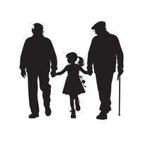 Silhouette of grandparents walking with granddaughter Illustration icon vector