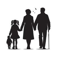 Silhouette of grandparents walking with granddaughter Illustration icon vector