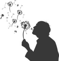 silhouette elderly man blows dandelion flower black color only vector