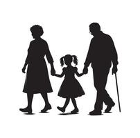 Silhouette of grandparents walking with granddaughter Illustration icon vector