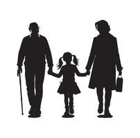 Silhouette of grandparents walking with granddaughter Illustration icon vector