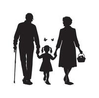 Silhouette of grandparents walking with granddaughter Illustration icon vector