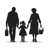 Silhouette of grandparents walking with granddaughter Illustration icon vector