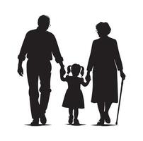 Silhouette of grandparents walking with granddaughter Illustration icon vector