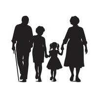 Silhouette of grandparents walking with granddaughter Illustration icon vector