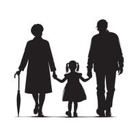 Silhouette of grandparents walking with granddaughter Illustration icon vector