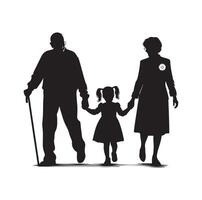 Silhouette of grandparents walking with granddaughter Illustration icon vector