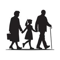 Silhouette of grandparents walking with granddaughter Illustration icon vector