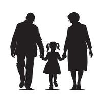 Silhouette of grandparents walking with granddaughter Illustration icon vector