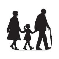 Silhouette of grandparents walking with granddaughter Illustration icon vector