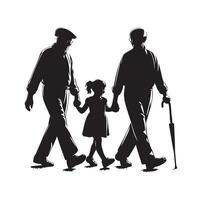 Silhouette of grandparents walking with granddaughter Illustration icon vector