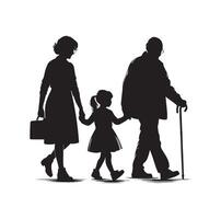 Silhouette of grandparents walking with granddaughter Illustration icon vector