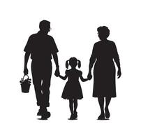 silueta de abuelos caminando con nieta ilustración icono vector