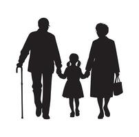 Silhouette of grandparents walking with granddaughter Illustration icon vector