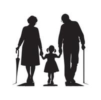 Silhouette of grandparents walking with granddaughter Illustration icon vector