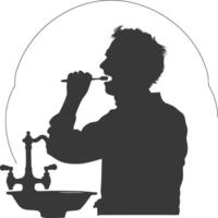 silhouette elderly man brushing his teeth in front of mirror black color only vector