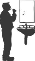 silhouette elderly man brushing his teeth in front of mirror black color only vector