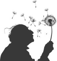 silhouette elderly man blows dandelion flower black color only vector