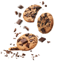 Chocolate chip cookies falling to the ground on a transparent background png