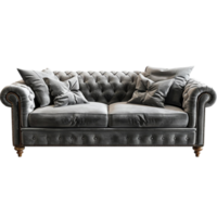 A gray couch with pillows on it on transparent background png