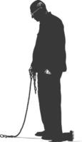 silhouette elderly man slave with shackle full body black color only vector