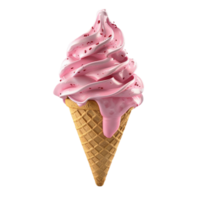 ice cream in waffle cone with pink icing on top on transparent background. png