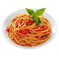 spaghetti with tomato sauce and basil leaf on white plate on transparent background. png