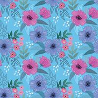 Beautiful blooming flowers design on blue color background seamless pattern. vector
