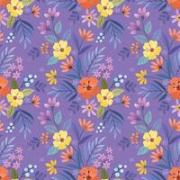 Beautiful blooming flowers on purple color background seamless pattern. vector