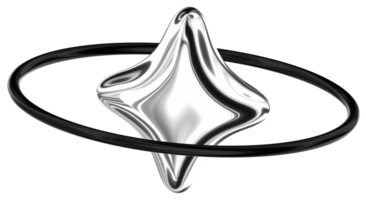 Star with ring 3D Y2K Black Silver Metallic Chrome Illustration png