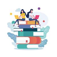 Two women in casual clothes working on laptop computer while sitting on books vector