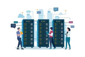 Technician works in server room racks. Cloud system concept. data center. data storage vector