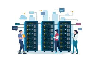 técnico trabajos en servidor habitación bastidores nube sistema concepto. datos centro. datos almacenamiento vector