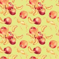 Watercolor seamless pattern with peaches and juice splash isolated on yellow background. Whole ripe and half fruits. Apricot hand drawn. Design element for package, textile, wrapping paper, fabric vector