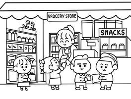 The children buying snacks at grocery store. vector