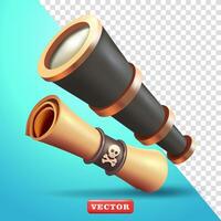 Antique telescope binoculars and pirate map scroll 3d , suitable for games and design elements vector